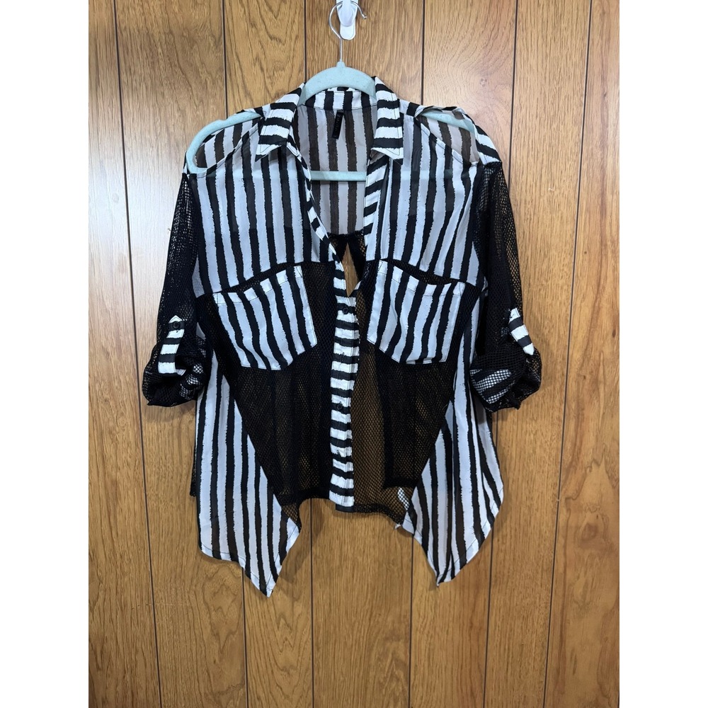 Black White Striped Mesh Cold Shoulder Open Back Button Down Top Medium